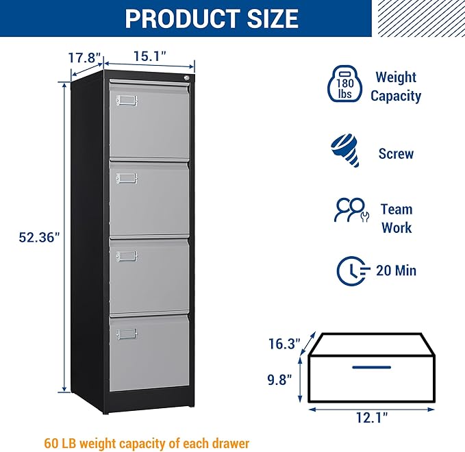 Fesbos File Cabinets - 4 Drawers Vertical 17.8" Deep Lockable Filing Cabinet - Black & Gray Metal Storage Cabinets for Home Office to Hanging Files Letter/Legal/F4/A4 Size