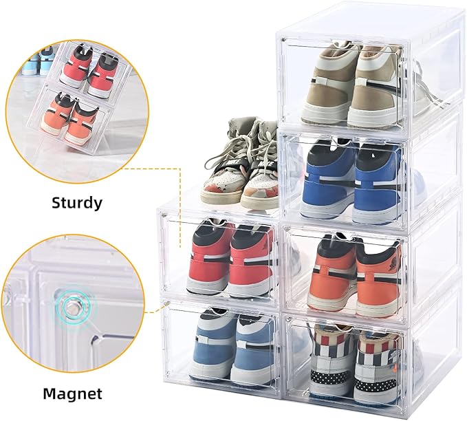 KEFA XL Shoe Storage Box, 6 PACK Shoe Boxes Clear Plastc Stackable Organizer, Clear Plastic Shoe Boxes Fit for US 15 (6 PACK BLACK)