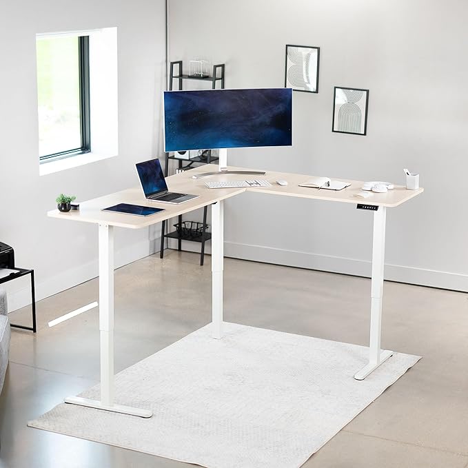 VIVO Electric Corner 75 x 63 inch L-Shaped Standing Desk, Memory Height Adjustment, Light Wood Top White Frame, DESK-E3CTC-75