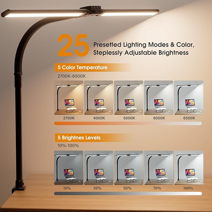 SIBRILLE LED Desk Lamp for Home Office - Dimmable Computer Desk Light with Clamp, Modern Architect Task Lamp with Color Changing, Flexible Desktop Lamp with Gooseneck for Monitor, Double Head, Black