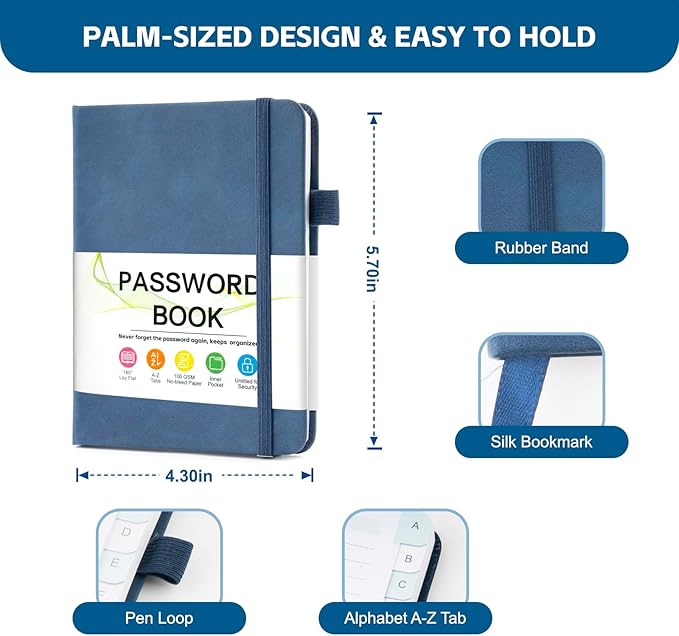 MOSA BEAR Password Keeper Book with Alphabetical Tabs，4.3"x5.7" Small Password Books for Seniors Password Notebook for Internet Website Address Log in Detail（Dark Blue） [unknown_binding]