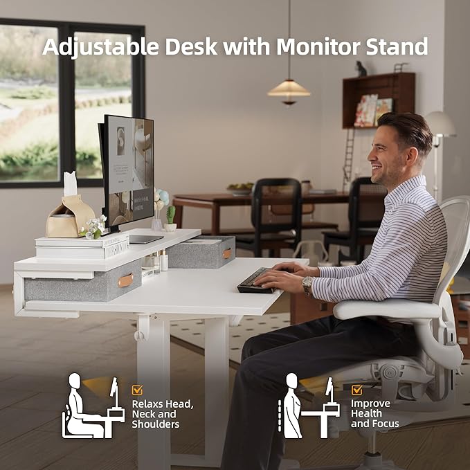 Claiks Electric Standing Desk with 2 Drawers, Adjustable Standing Desks with Storage, Height Adjustable Stand up Desk for Home Office with 2 Hooks,48 Inch White