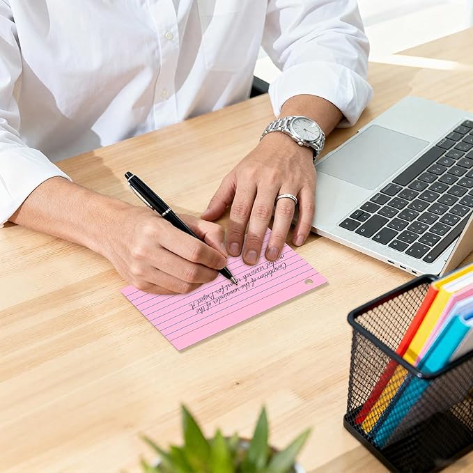 250 Count Colored 3 x 5 Inch Index Cards with Ring, Ruled Flash Cards for Office Use, Portable Note Cards for Study, Heavy Weight Flashcards for Home and School