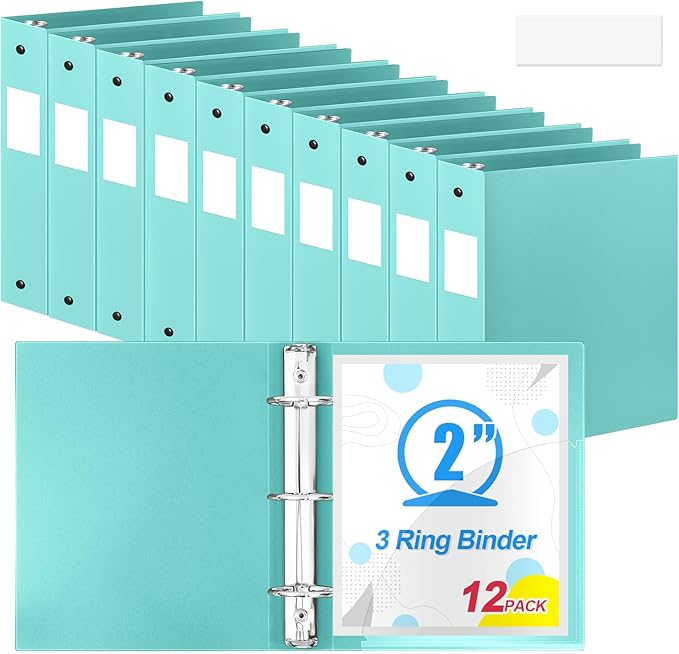 Henoyso 12 Pcs 3 Ring Binder 2 Inch Round Fits Letter Size 8.5'' x 11'' Paper Plastic Flexible Binder Bulk Holds 490 Sheets with 1 Pockets Versatile Organizer for Home Office School (Mint Green)