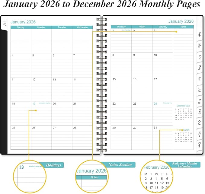 2026 Planner - Planner 2026 from January 2026 - December 2026, Weekly & Monthly Planner Spiral Bound with 12 Monthly Tabs, Inner Pocket, 6.4" x 8.5", Black-A