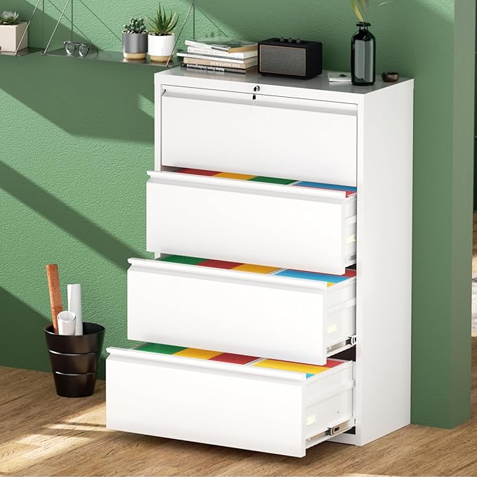 Greenvelly 4 Drawer File Cabinet, Metal Filing Cabinet with Lock, White Lateral File Cabinet for Home Office, Locking File Cabinet for Letter/Legal/F4/A4 Size Hanging Files, Easy Assembly