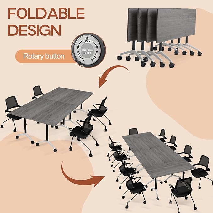Folding Conference Table 4ft 5ft, Foldable Office Meeting Desk for 6 People, Multiple Sizes Colors Mobile Conference Room Table for Training Room School Business Furniture (2, Grey, 71in)