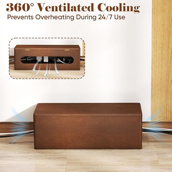 Delamu Wood Cable Management Box with Magnetic Lid, Duty Desk Charging Cord Organizer Cord Box Hider with Ventilation for Desk, Floor, Home Office, Power Strip Cover Box Baby Proof