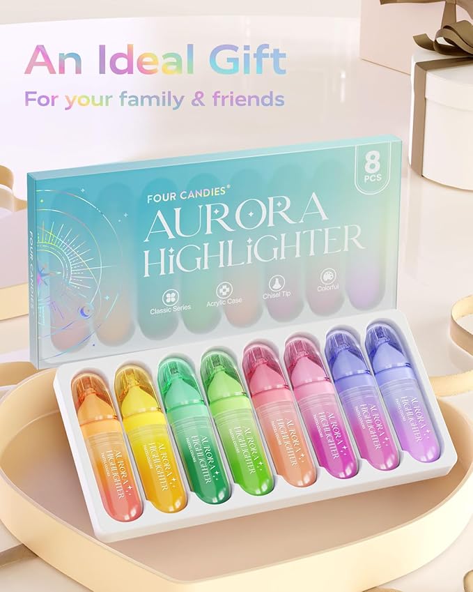 Four Candies 8 Pcs Highlighters Assorted Colors, Cute Pastel Highlighter Set, Quick-Dry, Soft Chisel Tip, No Bleed Highlighter, Aesthetic Highlighters for Christmas
