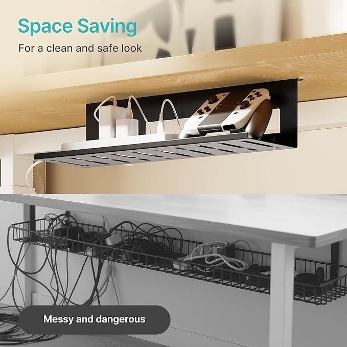 PEGZONE Under Desk Cable Management Tray, 15.7 Inches Metal Cord Organizer Rack, Desk Tray for Power Strip, Cord, Wire, Easy Mounting Cable Management Under Table for Home Office, Black