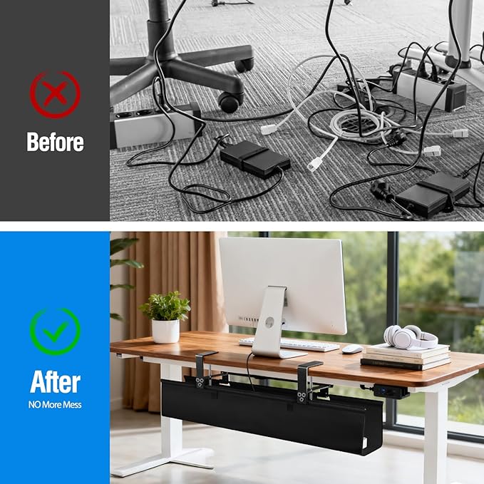 Under Desk Cable Management Tray - Heavy Duty No-Drill Clamp & Screw Mount, 28-Inch Cord Organizer for Home Office, Gaming Setup & Study Room, Holds Power Strip & Large Adapters (Black, 28"L x 5.5"W)