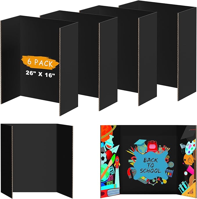 AKONEGE 6Pcs Medium Trifold Poster Board, 26" x 16" Black Corrugated Cardboard Tri Fold Poster Boards for School Projects, Presentations, Science Fair, Photo Display, Art Exhibition