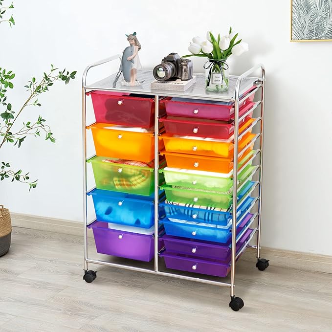 COSTWAY 15 Drawer Rolling Storage Cart, Multipurpose Mobile Storage Organizer w/Removable Drawers & Metal Frame, Utility Tools Paper Organizer on Wheels for Home, Office (Rainbow)
