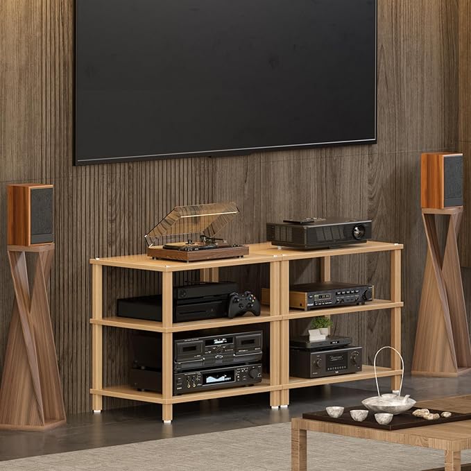 3-Tier AV Media Player Stand, Natural Stereo Cabinet, Modern Audio Shelf, Wooden TV Stand,Game Console Shelf, Multifunctional Entertainment Center, Suitable for Home, Conference Room, Game Studio