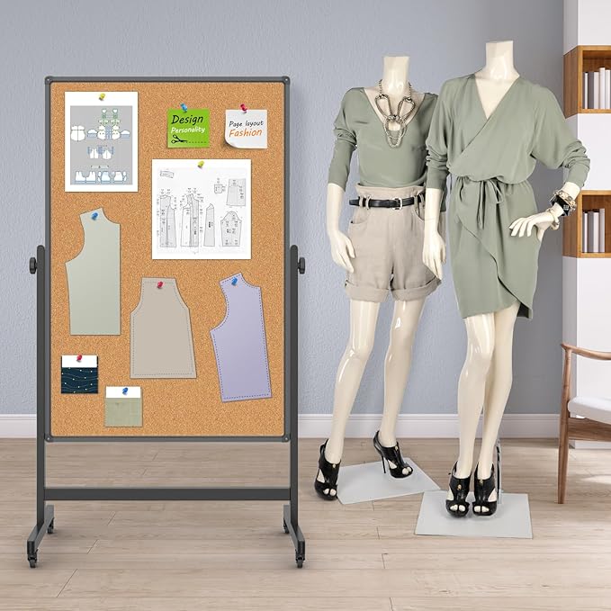 Double-Sided Corkboard Whiteboard, 32 x 48 Inches Dry Erase Board on Wheels, Height Adjustable, Portable Freestanding Board for Office, Planning, and Presentations (Cork & Black)