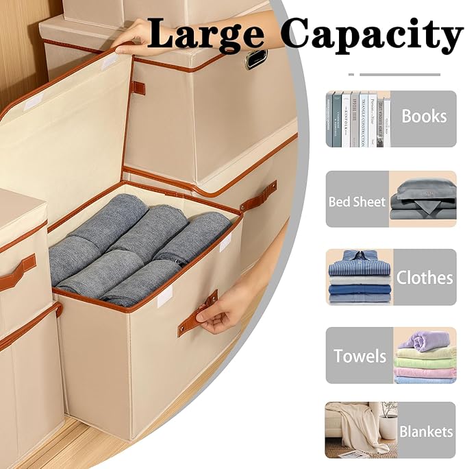 Tuza 2-Pack Large Fabric Storage Bins with Lids, Foldable Storage Boxes with Lids for Organizing, Decorative Storage Boxes with Handles for Home, Bedroom, Closet, Office(Khaki, Medium)