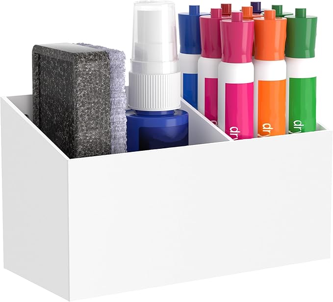 HBlife Magnetic Dry Erase Marker Holder for Whiteboard with 2 Compartments, Acrylic Wall Mount Magnet Pen Pencil Holder for Refrigerator, Locker Organizer Accessories for Classroom Office, White
