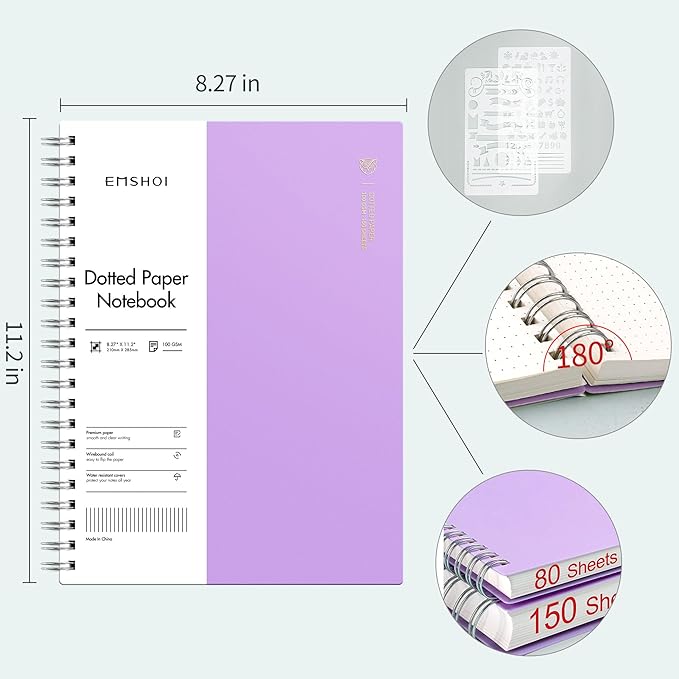 EMSHOI A4 Spiral Notebook Bullet Dotted journal, 11.2" X 8.27", 300 Pages/150 Sheets, 100gsm Dot Grid Paper, Waterproof Softcover, Twin-Wire Binding, for School Work Writing Note Taking-Purple