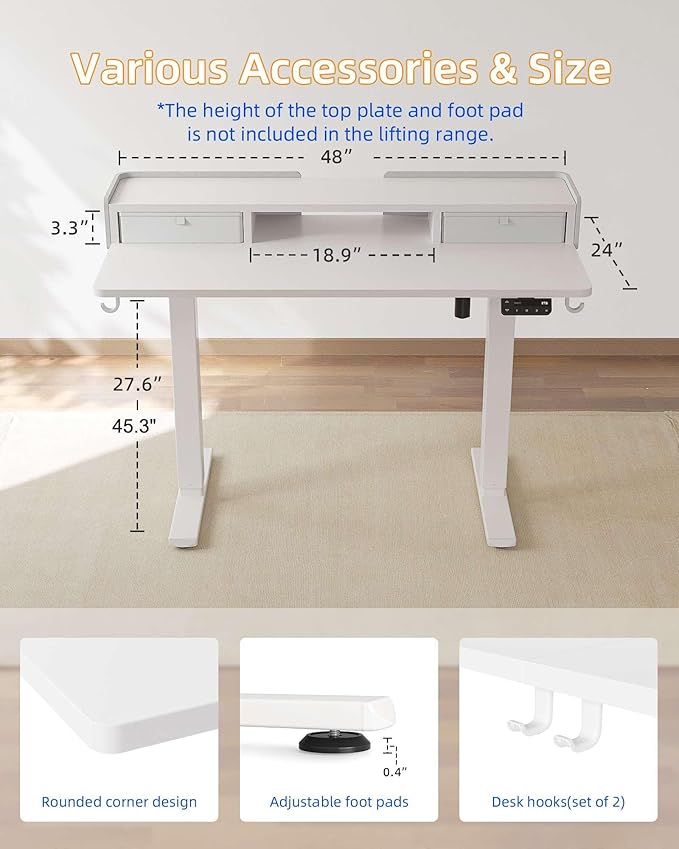 YIHAYO Electric Standing Desk with Drawers, 48 x 24 Inches Adjustable Desk with Storage Shelf, Stand Up Desk with Splice Board, Computer Table for Home Office,White Frame/White Top