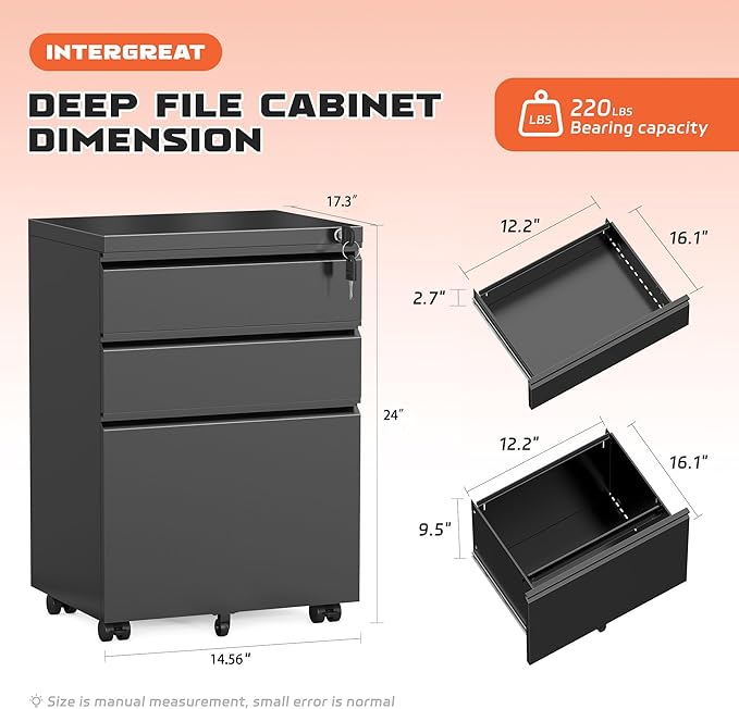 INTERGREAT 3 Drawer Mobile File Cabinet with Lock, Metal Filing Cabinets for Home Office, Rolling Under Desk Organizer for Letters/Legal/A4, (Fully Assembled-Black)