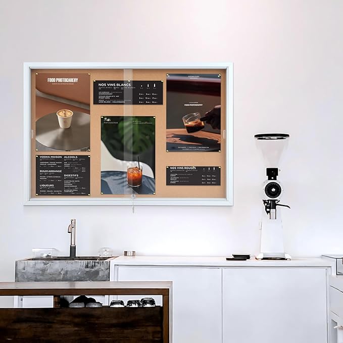 SWANCROWN Glass Enclosed Bulletin Board 48"x32", Locking Cork Board with Sliding Glass Doors for Indoor Use