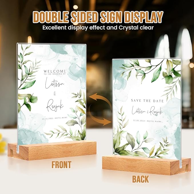 EthPul 16 Pack 5x7 Acrylic Sign Holder with Wood Base Vertical and Slant Displays, Clear Plastic Flyer Display Stand, Paper photo Table Menu Sign Frame Suitable for Restaurants, Office, Store, Hotels