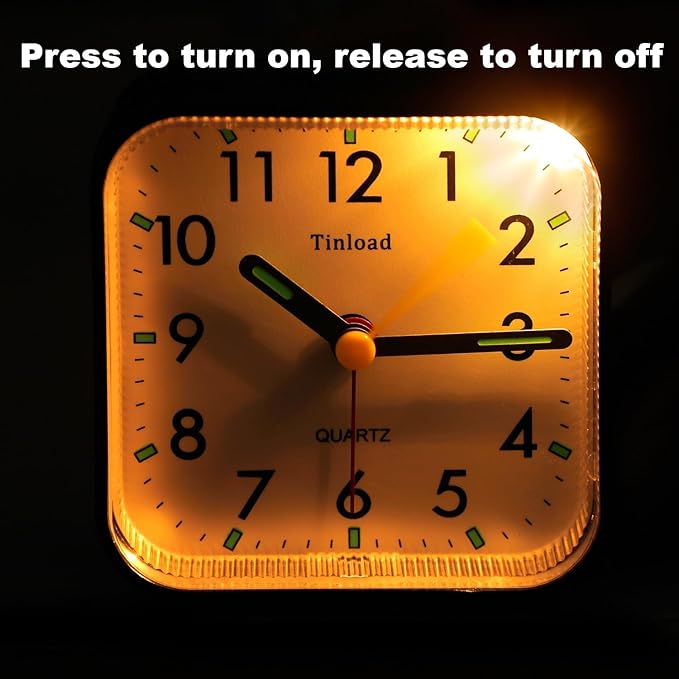 Tinload Small Battery Operated Analog Travel Alarm Clock Silent Non Ticking, Gentle Wake, Ascending Beep Sounds, Snooze,Lighted on Demand, Easy Set(Black)