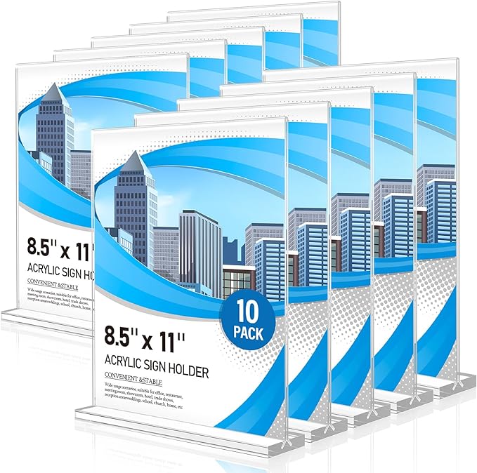 Eocnrhe Acrylic Sign Holder 8.5 x 11 10 Pack, Double-Sided Clear Sign Holder Plastic Stands for Display, Table Sign Stands, T Shape Flyer Holder