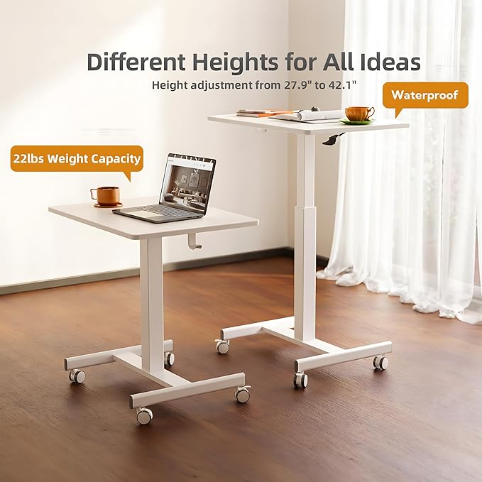 YDN Mobile Mobile Standing Desk, Adjustable Height Portable Laptop Desk with Lockable Wheels, 25.5" x 18.8" Rolling Desk with Hook for Computer Workstation, White