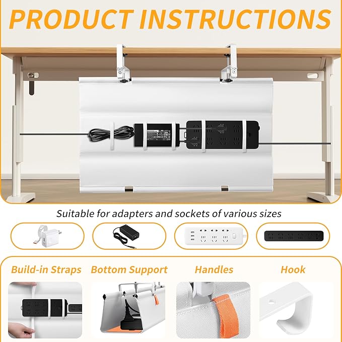 SUREUP9 No Drill Under Desk Cable Management Tray, 28" Cord Organizer with Clamp, Fabric Cable Management for Standing Desks, Ideal for Home & Office - White