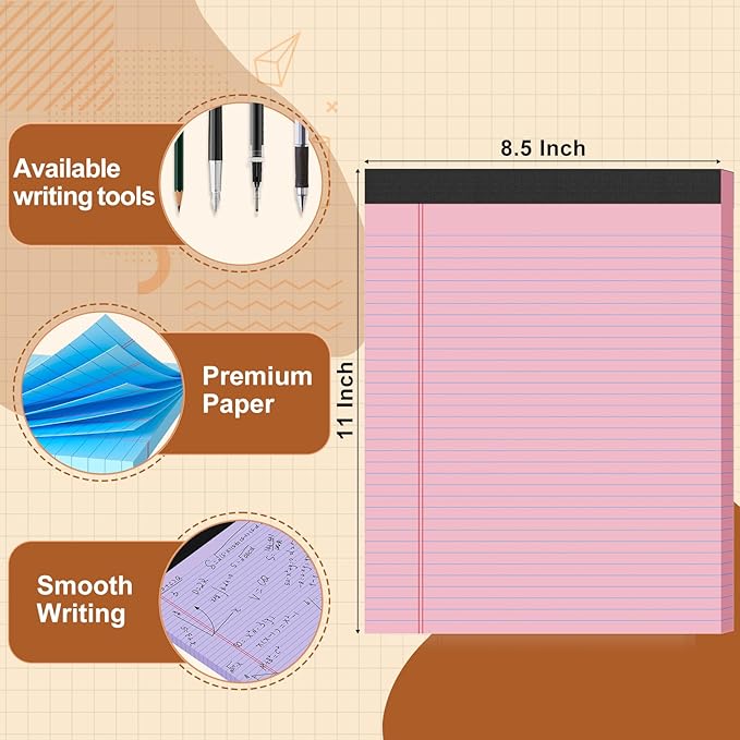 3 Pack Legal Pads 8.5 X11, College Ruled Notebook, 150 Sheets Colored Note Pad, Writing Pads 8.5x11, Tear Off Notepad, Lined Paper, Notebook Paper for Office Home School, 50 Sheet/Pad