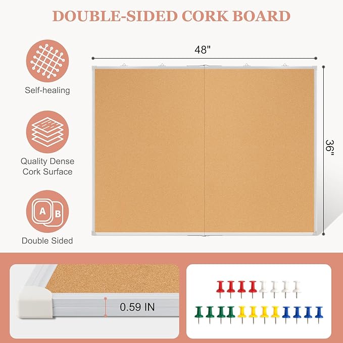 AMUSIGHT Double-Sided Large Cork Board, 48" x 36" Foldable Hanging Aluminum Framed Bulletin Board, Vision Board Pin Board Corkboards for Walls, Office, School Decor, 20 Pushpins