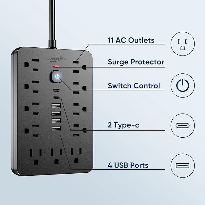 JouleLoom 10 FT Flat Plug Surge Protector Power Strip,11 Multiple AC Outlets with 6 USB Ports (2 USB C), 10 Feet Extension Cord, 1250W/10A, One Touch Switch Button, 17 in 1 Compact powerstrip