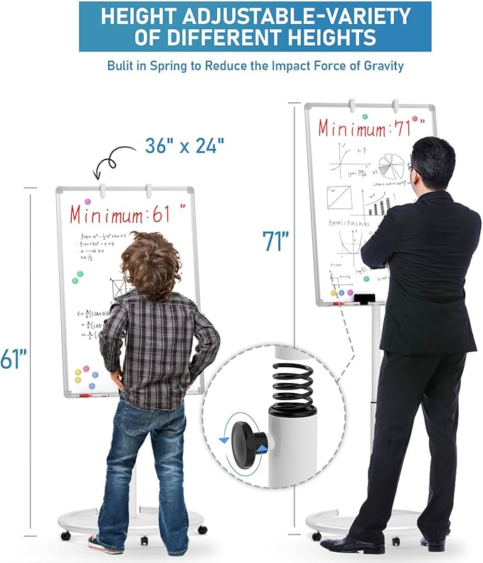 Nicpro Mobile Whiteboard 36"x 24" Magnetic Dry Erase Board, Height Adjustable Standing Easel With 5 Wheels, Flipchart Hooks, Rolling for Office Home or Classroom Teaching