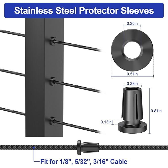 BLIKA Upgraded 40 Pack Stainless Steel Black Protector Sleeves for 1/8" 5/32" or 3/16" Deck Cable Railing, for Metal Posts, T316 Marine Grade, Cable Railing Protector Sleeves, Cable Railing Post Kits