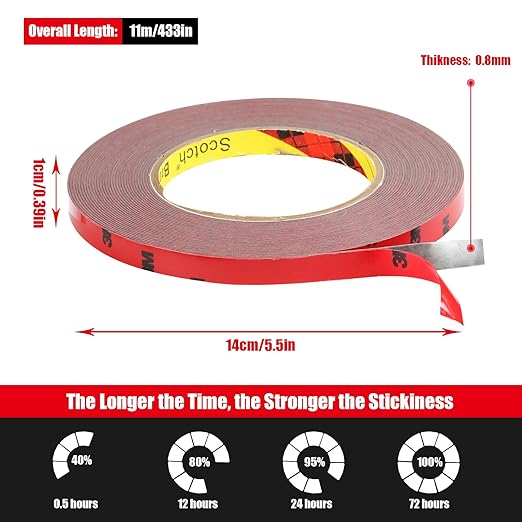 Double Sided Tape Heavy Duty, Waterproof Mounting Foam Tape, 36.5ft Length, 0.4in Width, High Temperature Resistant Adhesive Tape for Car, LED Strip Light, Office Decor, Uses 3M 5108 Raw Material