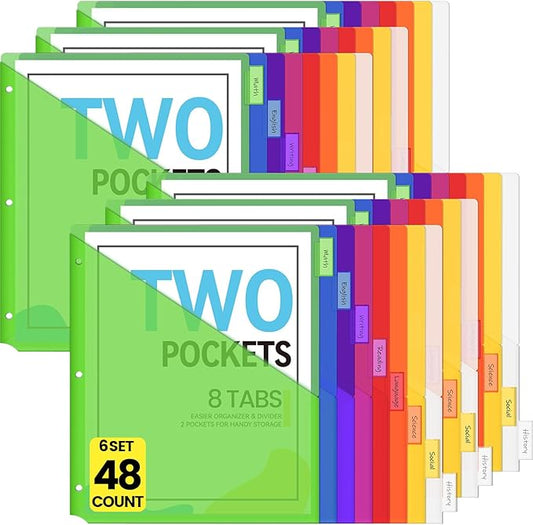Sooez 48 Count Dividers with Pockets, 8 Tabs Binder Dividers for 3 Ring Binders, Binder Dividers with tabs, Binder Divider with Pockets for US Letter Size, Insertable Big Tabs, Multicolor, Set of 6