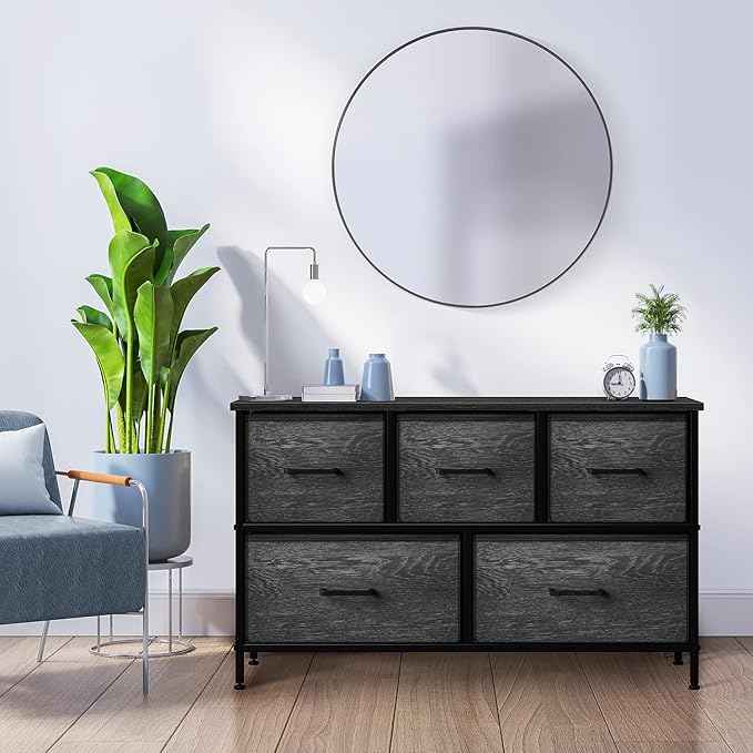 Sorbus Dresser with 5 Faux Wood Drawers - Wide Storage Unit Chest Organizer for Clothes - Bedroom, Living Room, Closet, & Dorm TV Stand Furniture - Steel Frame, Wood Top, & Easy Pull Fabric Bins