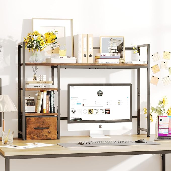 Desk Shelf with Drawer, 41.3" Desktop Organizer Shelf, Desk Hutch for Computer Monitor Max 32", 3 Tier Desktop Display Rack, Wooden Desk Top Bookshelf Storage Rack for Home Office Dorm, Rustic Brown
