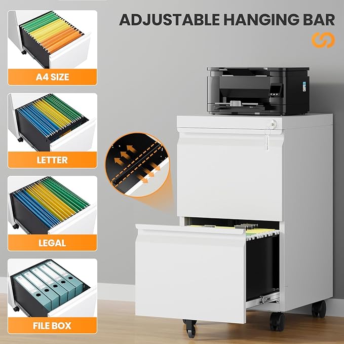 AFAIF 2 Drawer File Cabinet with Lock, Rolling File Cabinets for Home Office, Small Metal Filing Cabinet Office Drawers Under Desk for Letters/Legal/A4 Size, Assembly Required