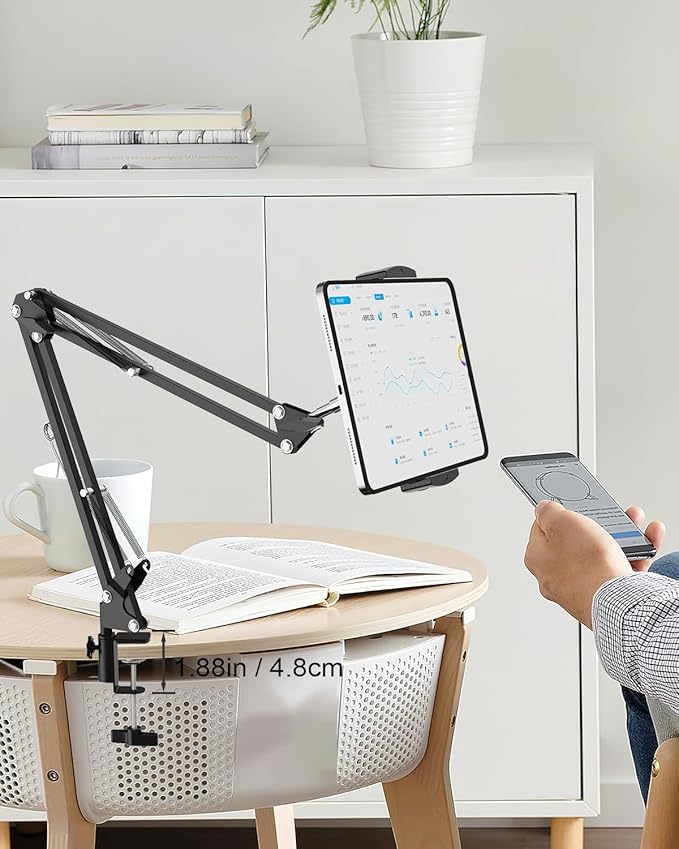mmcrz Tablet Floor Stand with 11lb Stable Base & Desk Clamp, Adjustable Height Stretchable Arm Swivel Dual Holder, Compatible with iPhone, iPad Pro Air Mini, Galaxy Tab, Kindle, Phones (4.5''-13'')