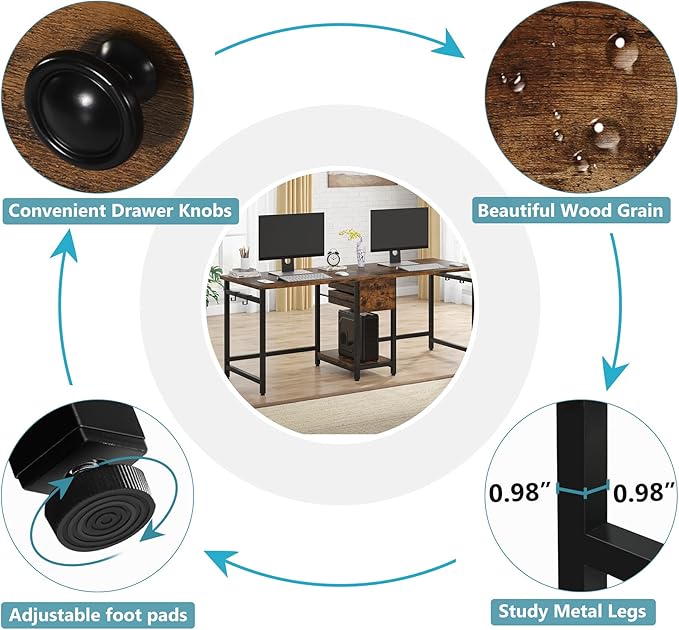 Tribesigns Two Person Desk, 79 Inch Double Desk with 2 Drawers, Large Computer Desk Long Desks with Storage Shelves, Writing Table Study Desk for Home Office, Rustic Brown (NY001)