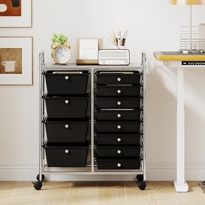 Giantex 12 Drawer Rolling Cart with Drawers, Storage Organizer Cart for Classroom Office School Teacher, Mobile Drawer Cart for Tools, Crafts, Small Printer, Black