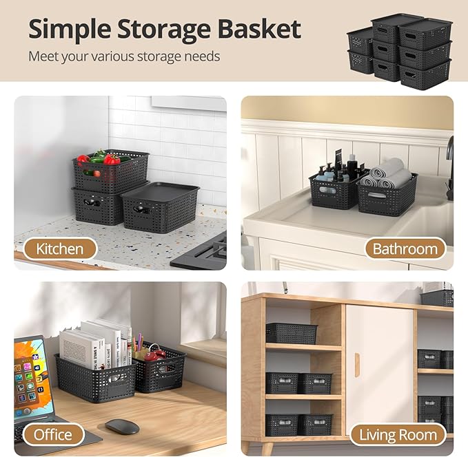 ZFTMRR Plastic Storage Basket with Lid, Stackable Small Box Bins for Organizing and Containers for Shelves Drawers Desktop Closet Playroom Pantry Classroom Office Home, 8 Pack 10.2x7.2x4.1 Inch, Black