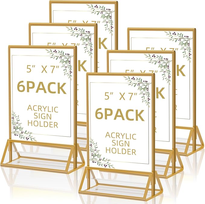 PPH-Sisy Acrylic Sign Holder 5x7 Gold Display Stand, Clear and Stable Table Plastic Paper Holder, Acrylic Frames for Home Office Shop Photo Frames Exhibition (6pcs)