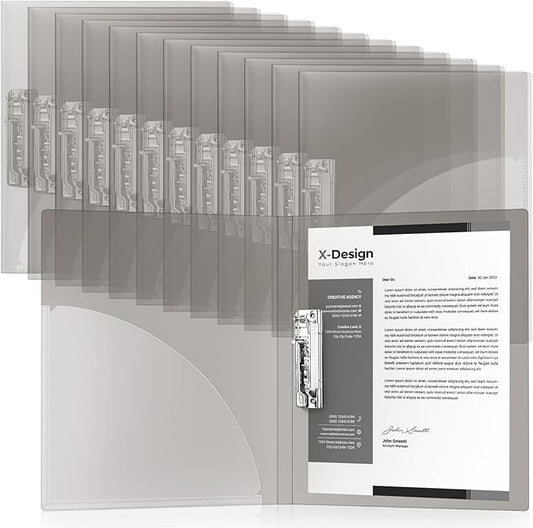 Teling 12 Pack Punchless Clamp Binder Folder 8.5 x 11 Inch Ringless Binder Holds with Pocket, Flexible Metal Clip and Poly Covers, 100 Letter Size Pages, for Work, School (Transparent Gray)