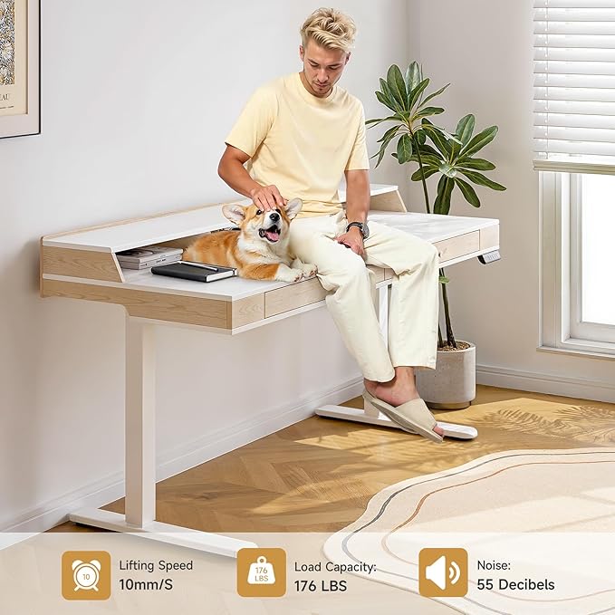 Standing Desk With Drawers, 55x23.6 Inch Electric Stand Up Workstation With Storage Shelf and Memory Controller, Adjustable Height 28-46 Inch for Computer, White