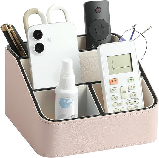 MEIBOOCH Remote Control Holder, PU Leather Small Desk Organizer with 4 Compartments, Nightstand Organizer Desk Caddy for Remote, Notepad, Phone, Glasses, and Accessories (Pink)