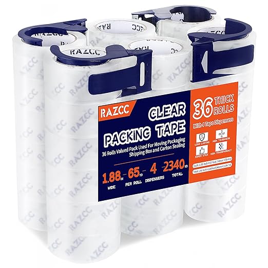 RAZCC Packing Tape, 36 Rolls Clear Heavy Duty Packaging Tape with Dispensers for Packing Shipping Moving Mailing, Thicker Sealing Tape - 1.88" x 65 Yard Per Roll, 2340 Total Yards