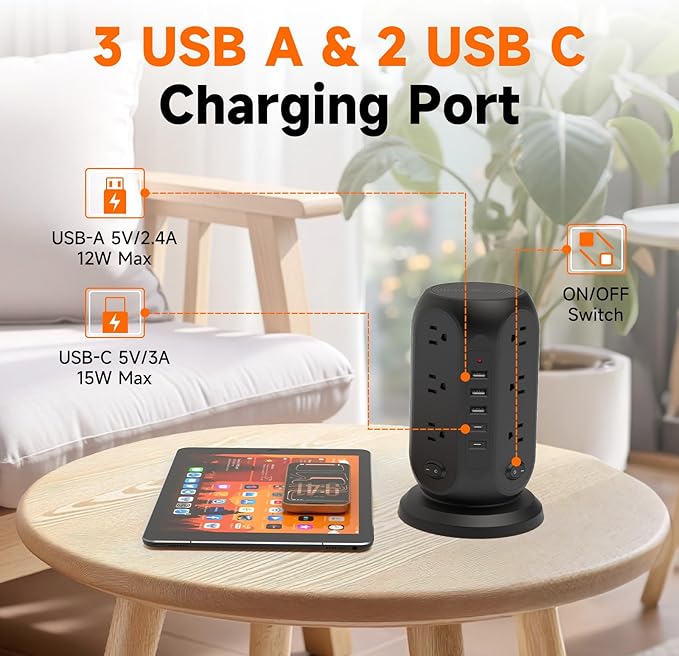 Tower Power Strip with 12 Outlets and 5 USB Ports (2 USB-C), Flat Extension Cord 10 Ft, Surge Protection 1250W Multiple Outlets Charging Station for Home Office Dorm Room